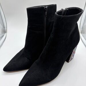 Betsey Johnson Black Ankle Suede‎ Boots with Rhinestone Heel